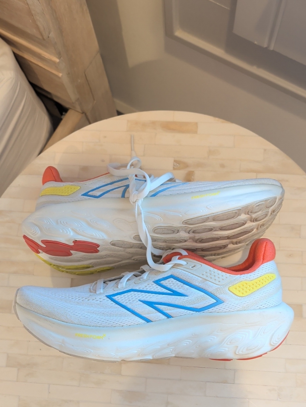 New Balance White Athletic Sneakers with Blue, Coral, and Yellow Accents 1080v13